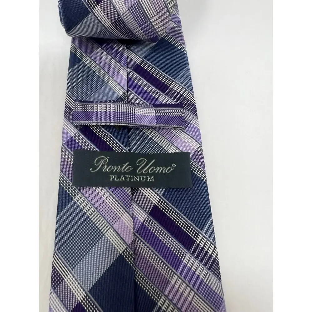 Pronto Uomo Purple Twill Silk Tie Classic Plaid Mens‎ Necktie